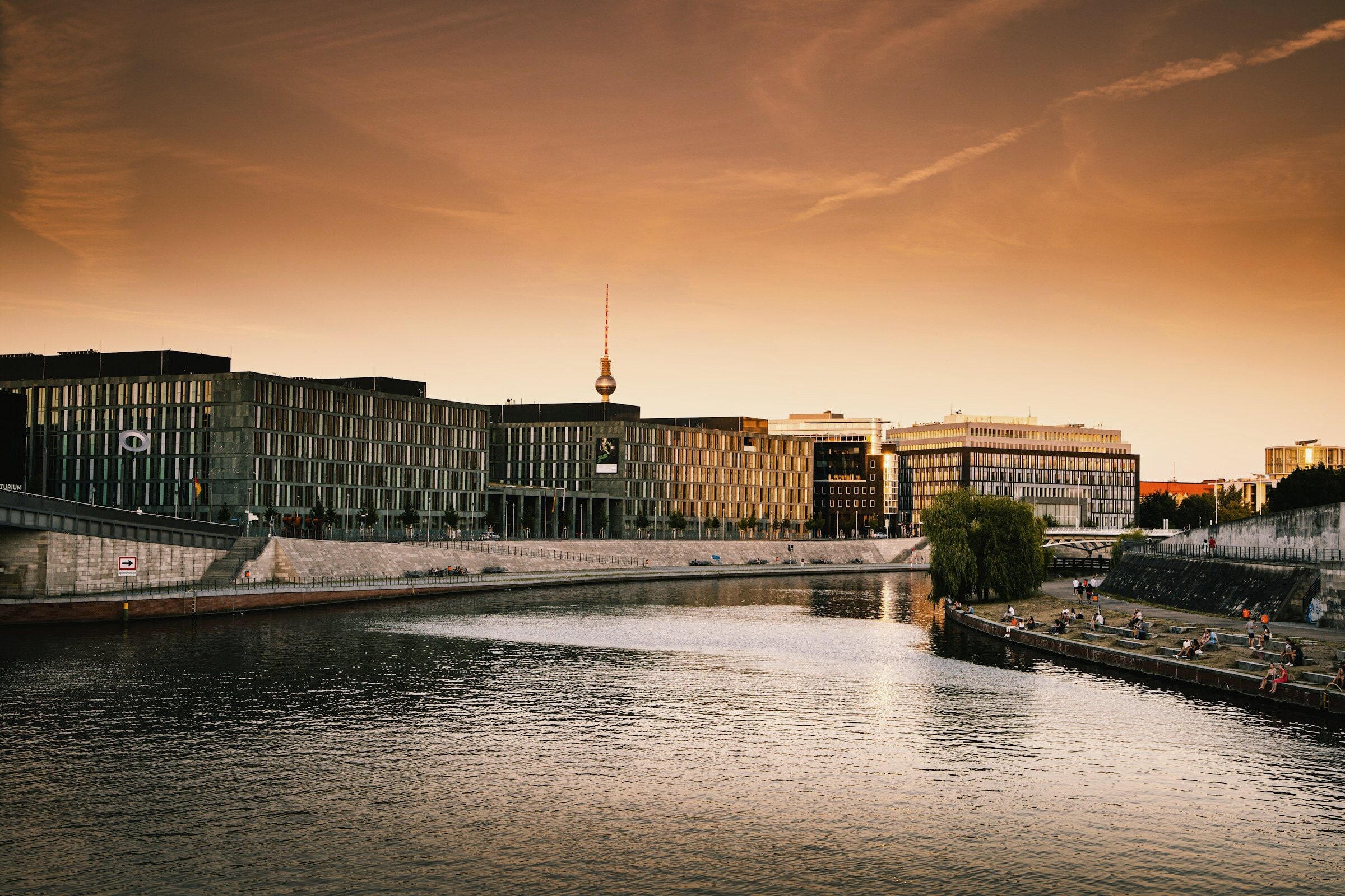 Sunrise on the Spree, the government quarter catching first light.
